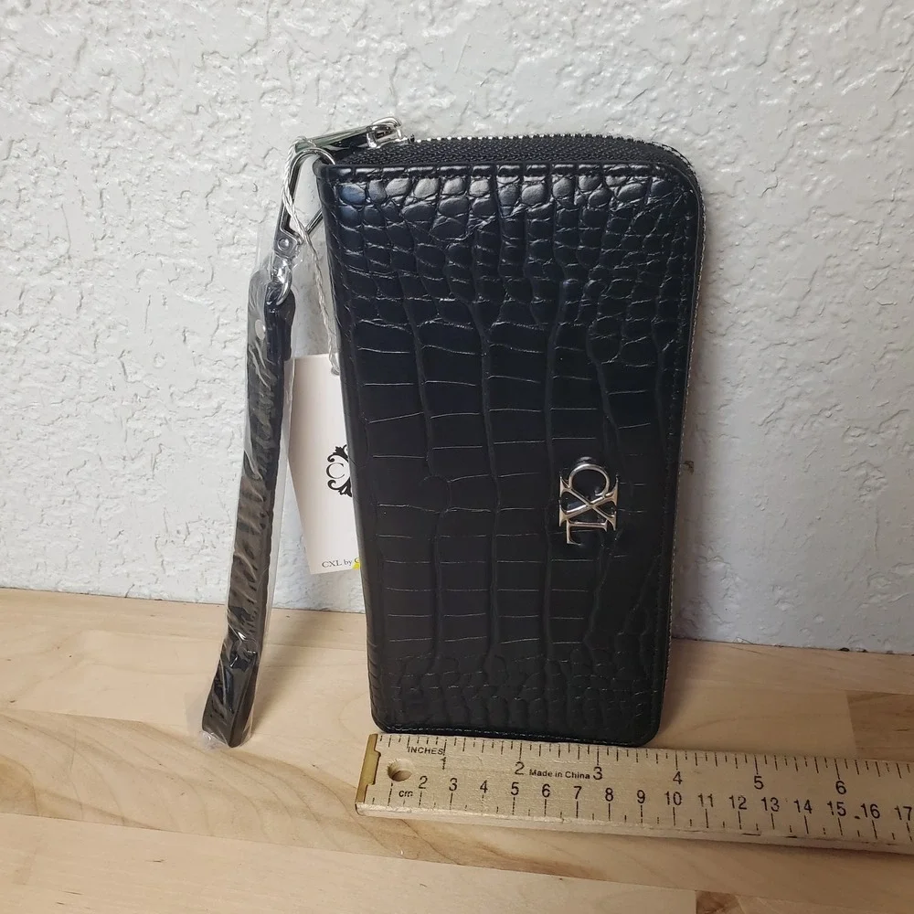 CXL by CHRISTIAN LACROIX Kara Croco Zip Around Wallet Black Wrist Strap Wristlet